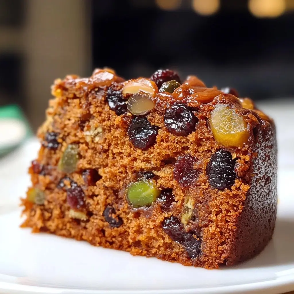 Slice of heavenly moist fruitcake, packed with glazed fruits and nuts.