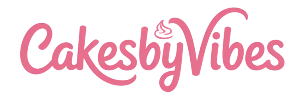 Logo for "CakesbyVibes" featuring pink script lettering and a swirl graphic.