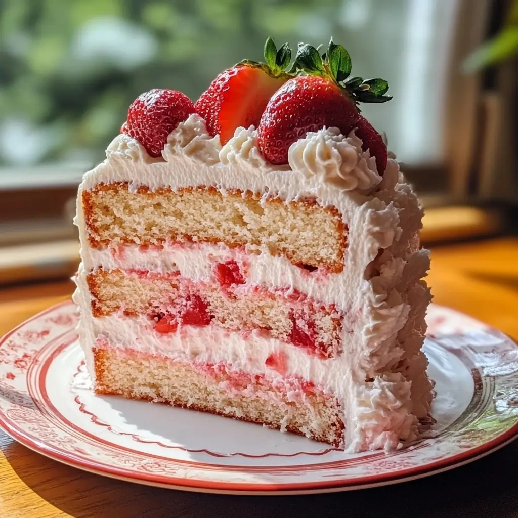 beautiful slice of strawberry cake, absolutely bursting with fresh berries and fluffy frosting! It looks so light and refreshing.
